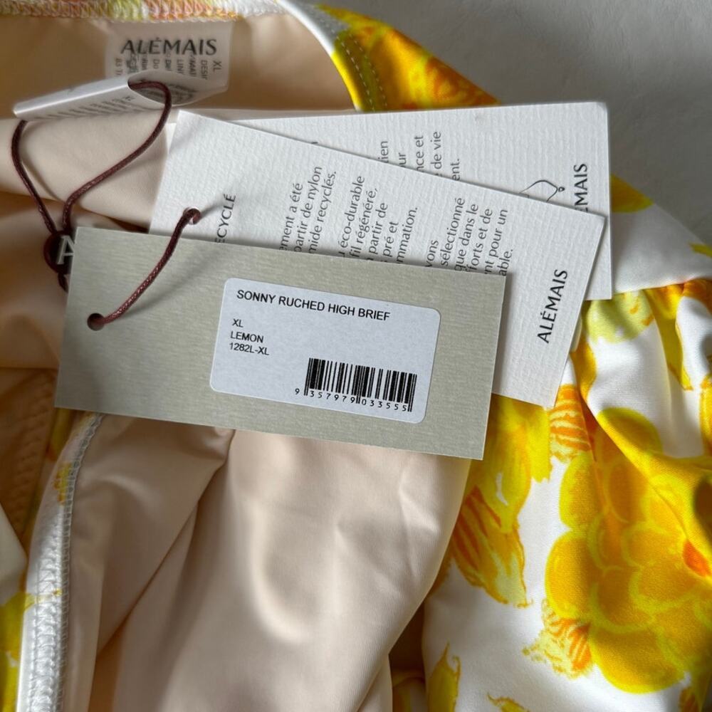 Alemais Sonny Ruched High Waist Bikini Briefs in Lemon Size XL - Picture 4 of 6